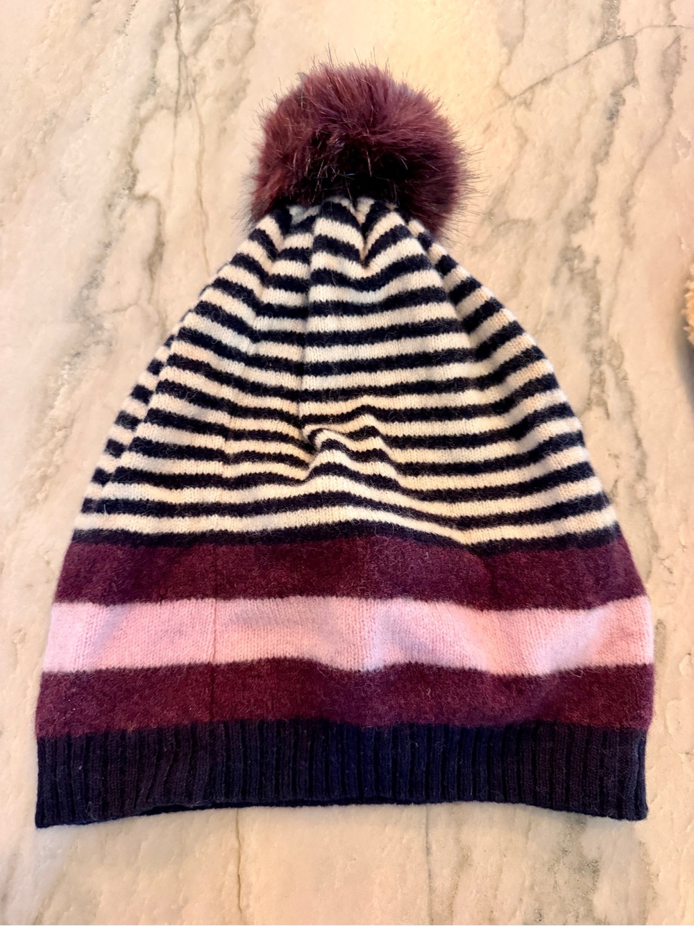 Jigsaw Navy, White, Burgundy & Pink Pom-Top Striped Beanie